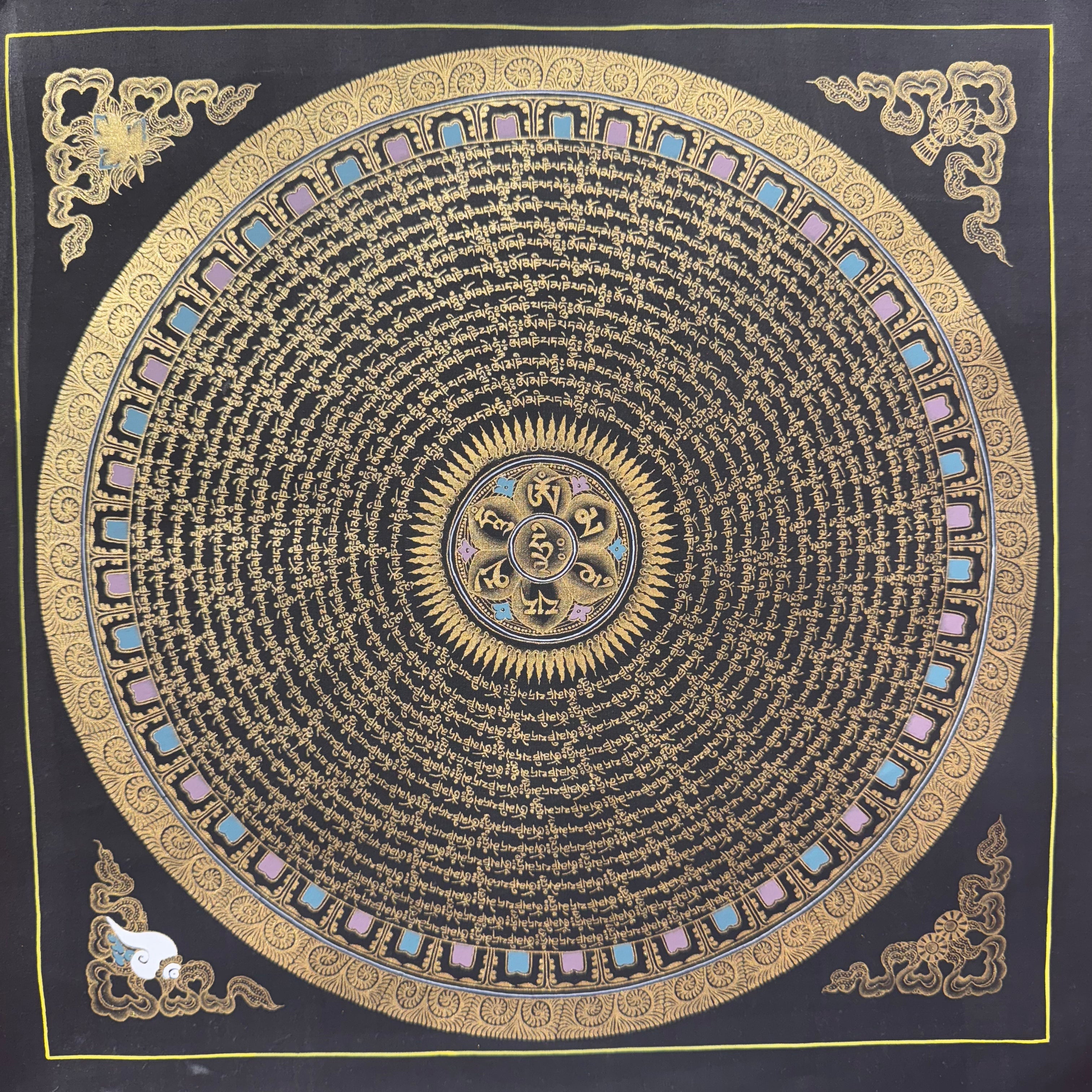 Six-Syllable Mantra Thangka Black 24K Gold Hand-Painted 43cm*43cm