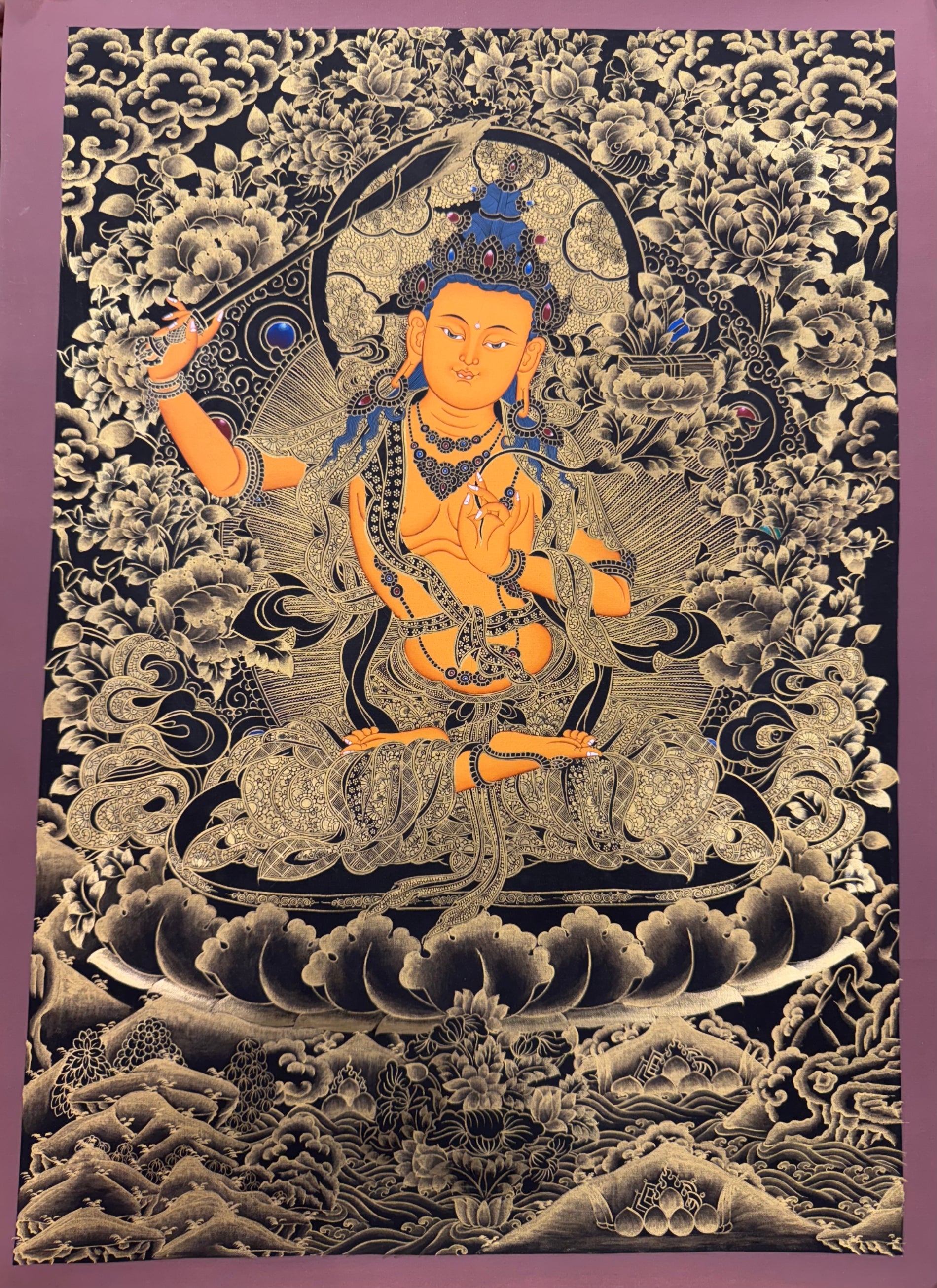Manjushri Thangka 24K Gold Hand-Painted Tibet 53cm*37cm