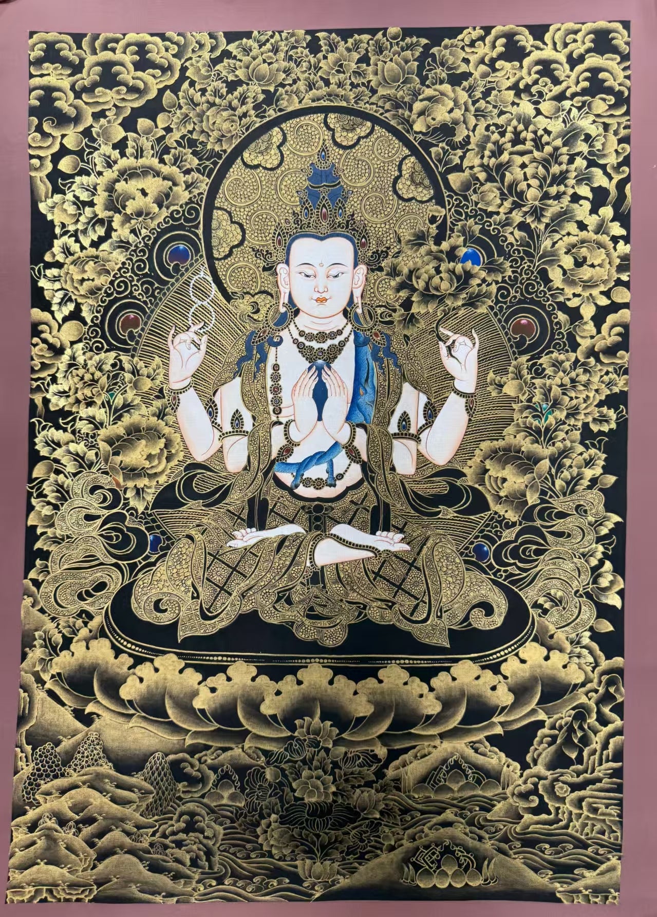 Four-Armed Avalokiteshvara Thangka 24K Gold Hand-Painted Tibet 53cm*37cm