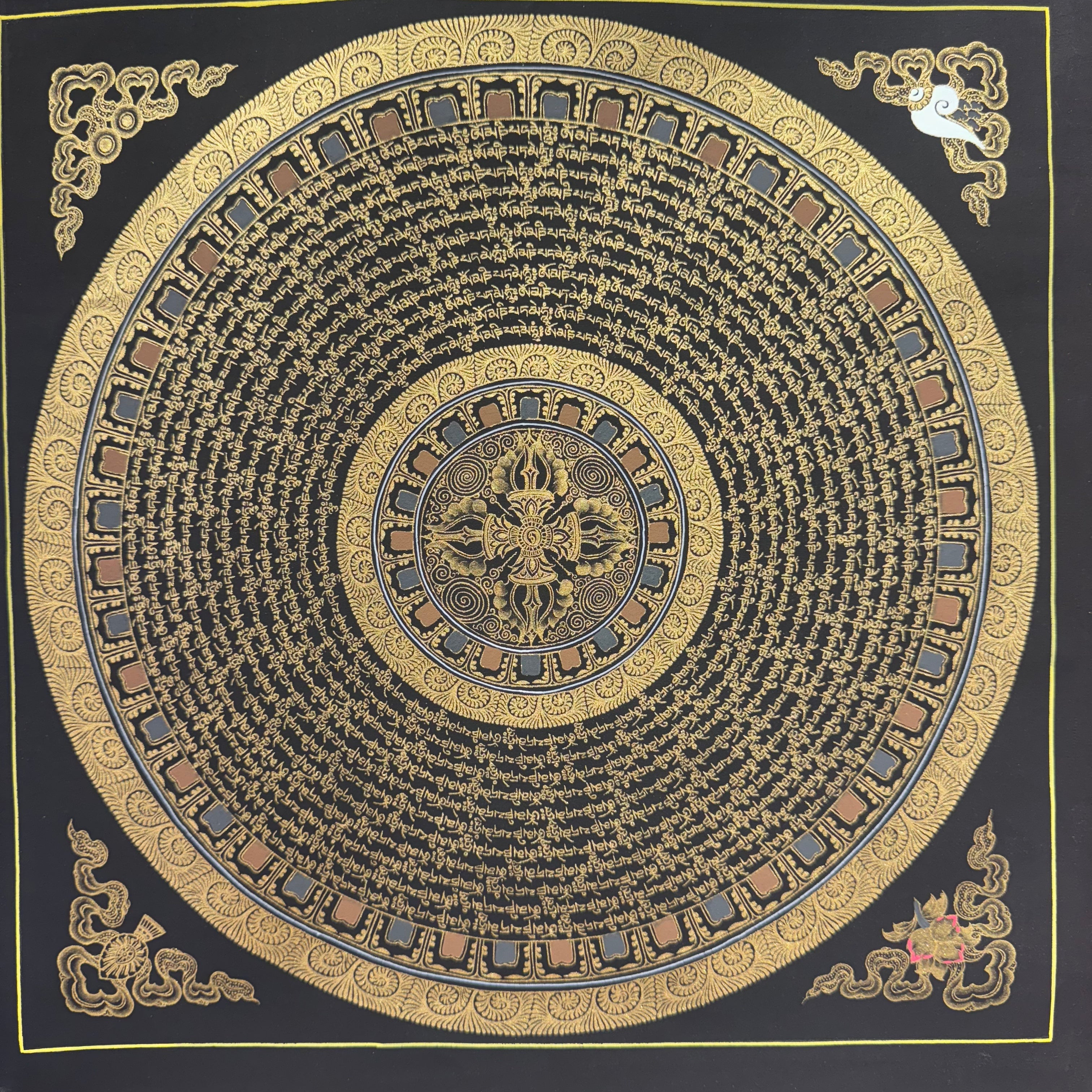 Six-Syllable Mantra Thangka Black 24K Gold Hand-Painted 43cm*43cm