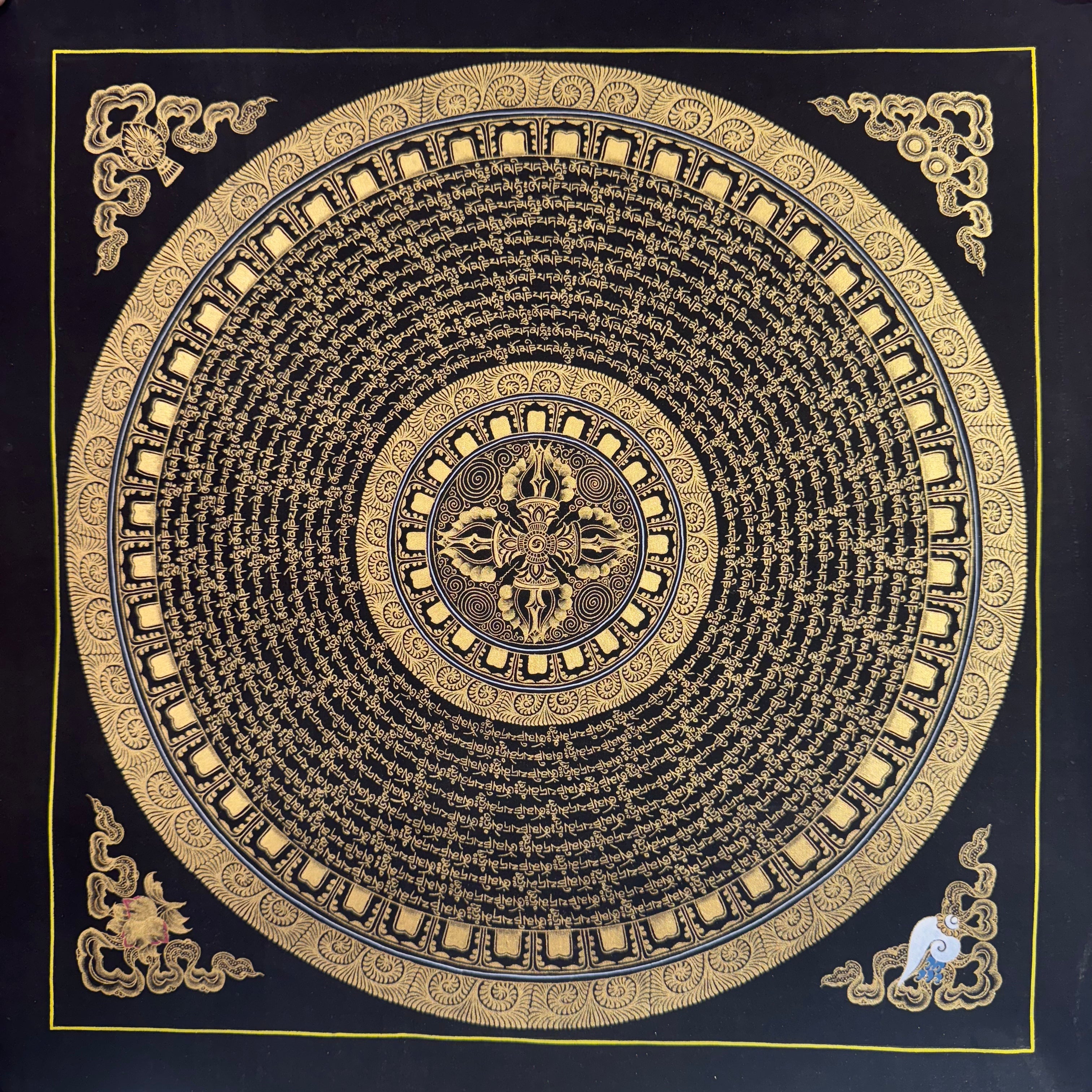 Six-Syllable Mantra Thangka Black 24K Gold Hand-Painted 43cm*43cm
