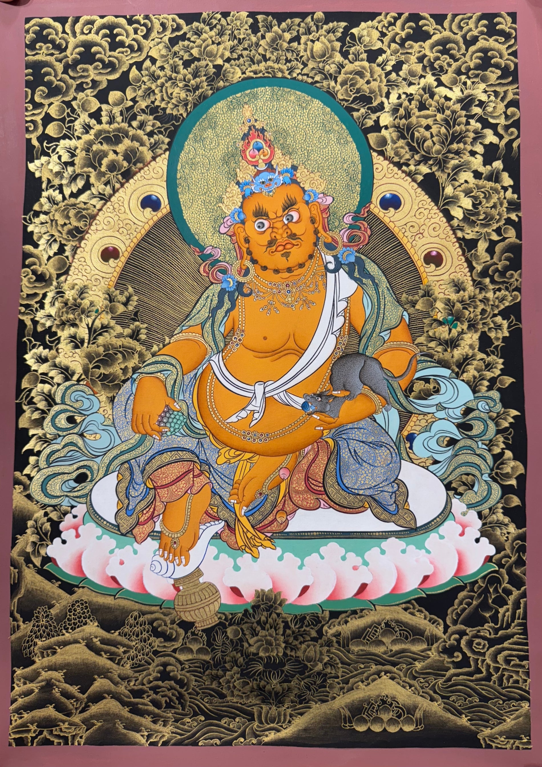 Yellow Jambhala Thangka 24K Gold  Hand-Painted Tibet  53cm*37cm